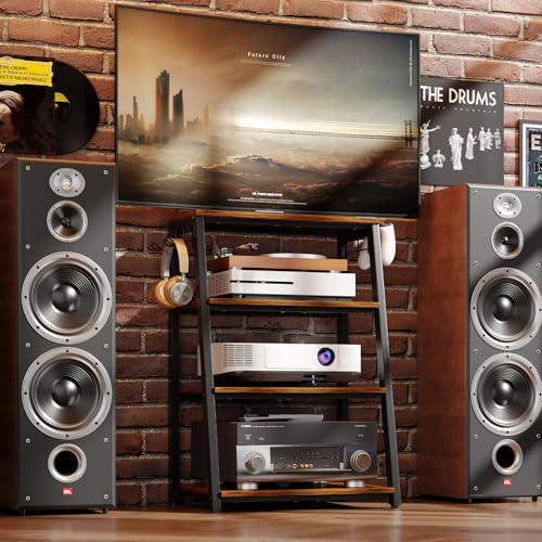 4-Tier Heavy Duty Media Stand with Hooks - Wooden Audio & Game Console Rack, Large TV & DVD Storage, Regular