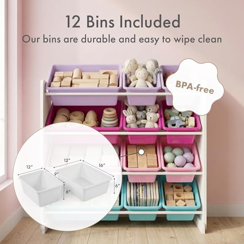 Kids Toy Organizer with 12 Bins - Tall White/Pink/Purple/Turquoise Storage Shelf