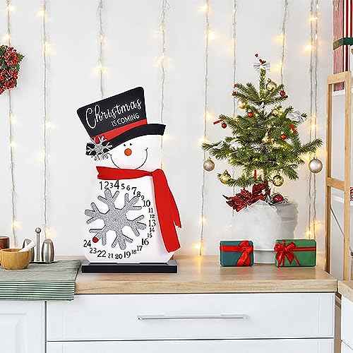 Christmas Countdown Advent Calendar, Wooden Snowman Christmas Decoration, Rustic Farmhouse Merry Christmas Sign, Festive Xmas Decor Centerpiece for Home Table Tiered Tray Mantel (Wood)