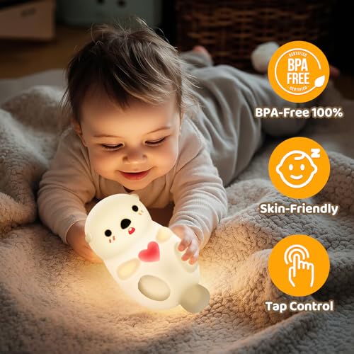 Huggwaii Upgrade Otter Night Light for Kids ? Cute Silicone Squishy Kids Night Light, Dimmable & Rechargeable LED Otter Lamp, 1200mAh Battery, Soft Nursery Nightlight for Toddler Room Decor & Gifts