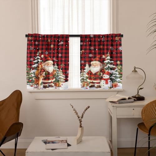 Christmas Kitchen Curtain Tiers and Valance Set Buffalo Plaid Santa