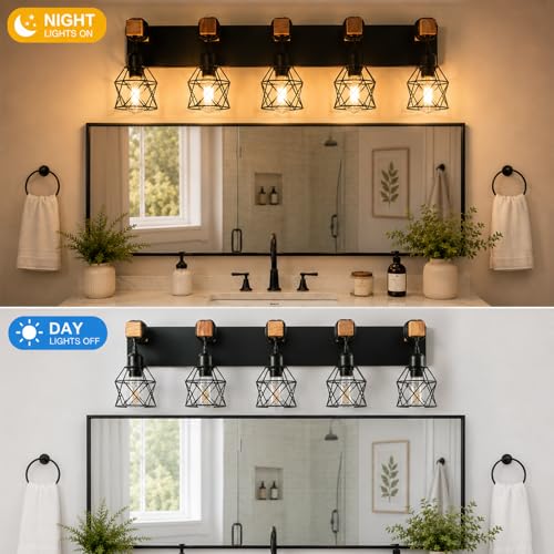 Vivihobb Farmhouse Bathroom Light Fixtures 5-Light Black Wood Vanity Over Mirror