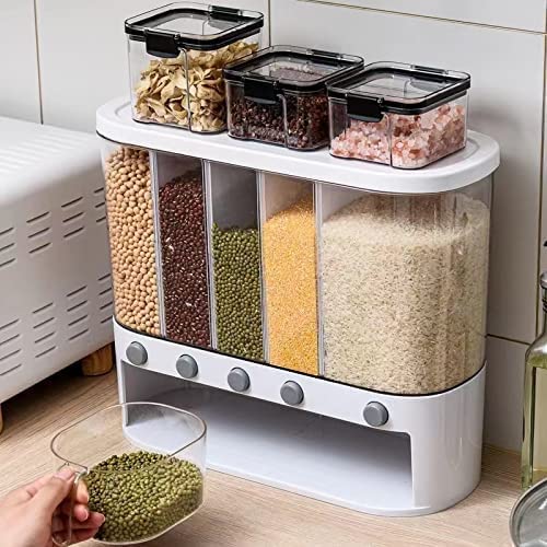 Xilei Wall-Mounted 5-Grid Dry Food Dispenser A2, 25lb Grain Storage with Measuring Cup