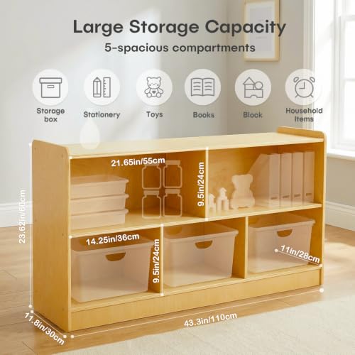 STEPLAY Montessori Wooden Toy Storage Shelf for Kids, 2-Tier & 5-Section Organizer