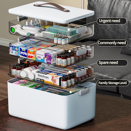 Extra Large 4-Tier Portable Medicine Organizer with Handle - Sturdy BPA-Free Storage Box