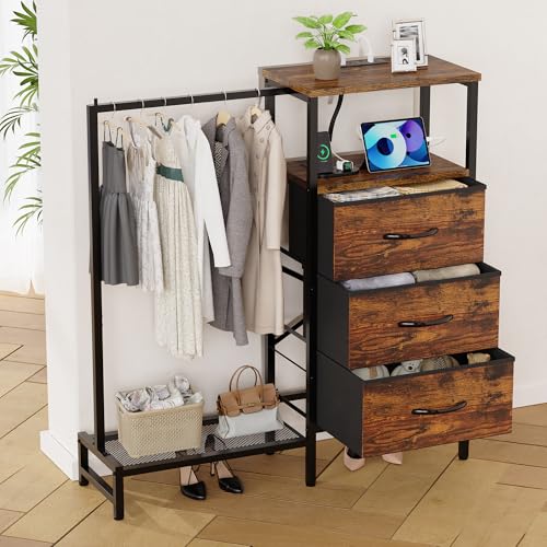 Bedroom Dresser with Hanging Rack and Charging Station - Brown