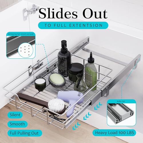 Pull Out Cabinet Organizer 21" W x 22" D - Chrome-Plated, Full Slide Drawers, 1 Tier
