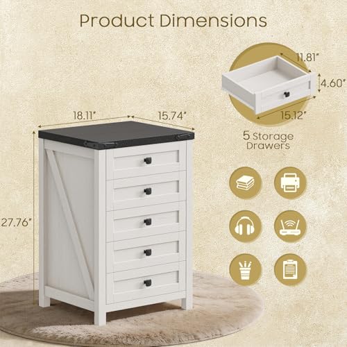 Farmhouse Style 5-Drawer Small File Cabinet - Rustic White & Black, 15.75 x 18.11 x 27.76 inches