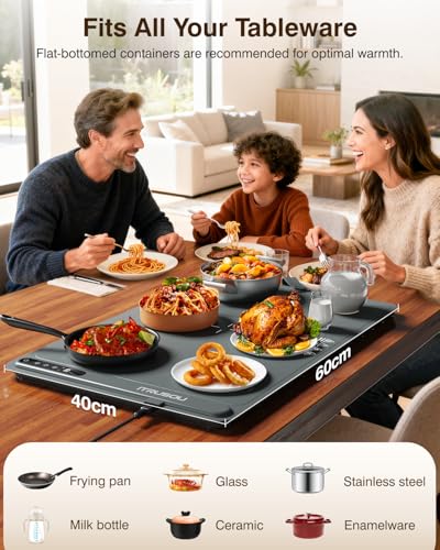 Electric Food Warming Mat 24x16 Inches - iTRUSOU 7-Level Temperature Control, Timer & Built-In Strap, Large Dark Grey