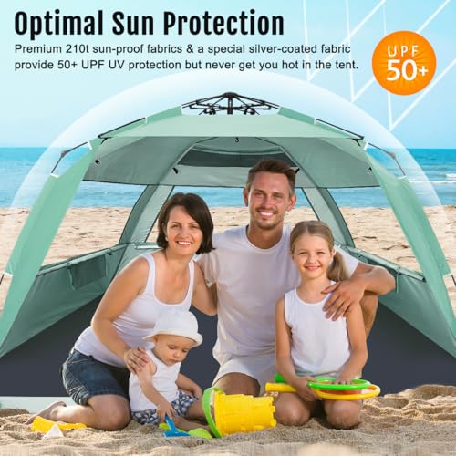 WhiteFang Mint Green XXL Pop Up Beach Tent Sun Shade Shelter for 3-4 People, UV Protection, Extendable Floor
