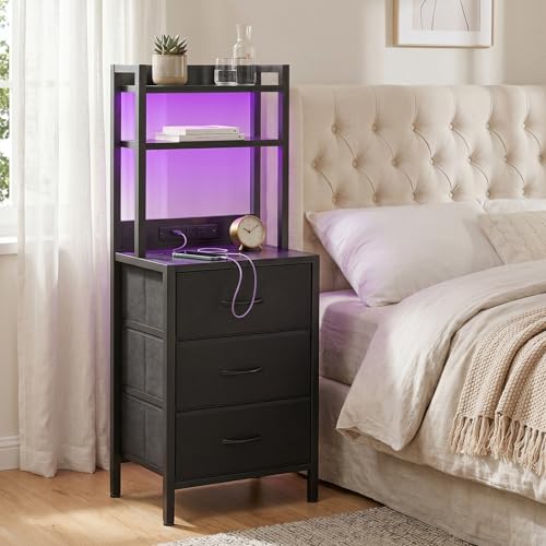 Fixwal 41 Inch Black Nightstand with Charging Station & 3 Drawers, RGB LED