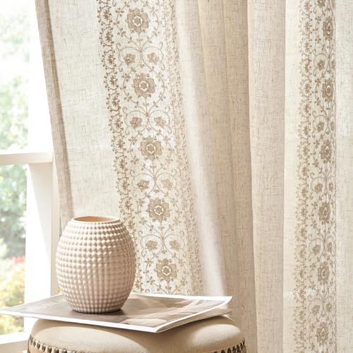 Linen Floral Embroidered Window Curtains - 54x84 Inches, 2 Panels