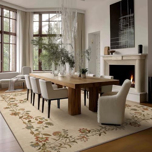 8x10 Edge Floral Cream Brown Washable Area Rug Non Slip Living Room Carpet