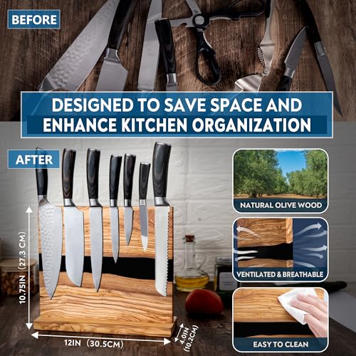 Black Olive Wood Magnetic Knife Block Stand - Holds 18 Knives & Kitchen Tools