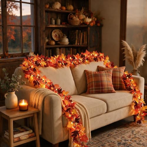 12Ft Fall Decorations Garland with 50 LED Lights - 3 Pack Maple Leaves, Waterproof Battery Operated, 8 Modes for Indoor Holiday Decor