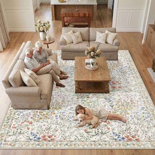 Beige Vintage Botanical Floral Rug 8x10 - Non Slip, Machine Washable, Living Room & Bedroom Carpet with Foldable Design
