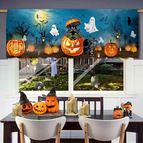 Halloween Valance Curtain for Kitchen, Halloween Decorations Black Cat Ghost Window Valance for Living Room Bedroom, Blue Valance 18" X 54" Pumpkin Decor Window Treatment Rod Pocket Valances
