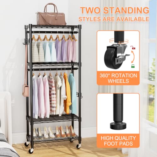 Adjustable Clothes Rack with 4 Tiers, Side Hooks, and Drawer - Black, 23" L x 13.18" W x 78.74" H