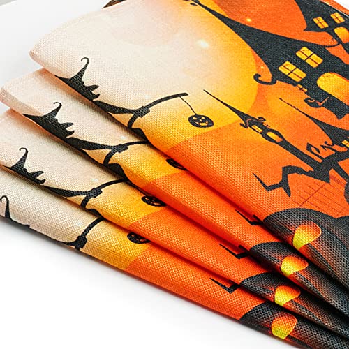 Halloween Placemats Set - Washable Linen Table Mats with Pumpkins & Ghosts, 4 Pack