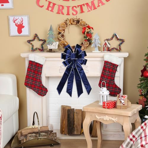 YKW Large Navy Blue Velvet Christmas Bow 20.87" x 11.42" with Silver Edge - Premium Winter Holiday Wreath Bow for Front Door, Tree Topper, Elegant Xmas Decorations