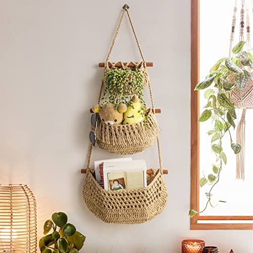 Jute 3-Tier Hanging Fruit Basket Organizer - Handmade Kitchen Storage