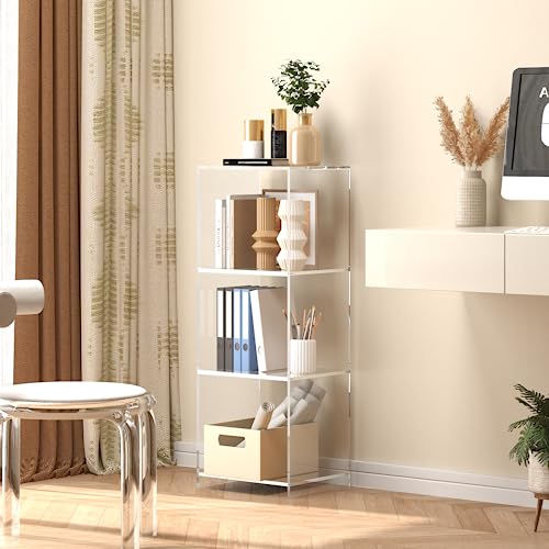 Invisibiliter Clear Acrylic 3-Tier Bookcase - 31.5 Inch Tall Floor Standing Shelf, Modern Display Storage for Home & Office