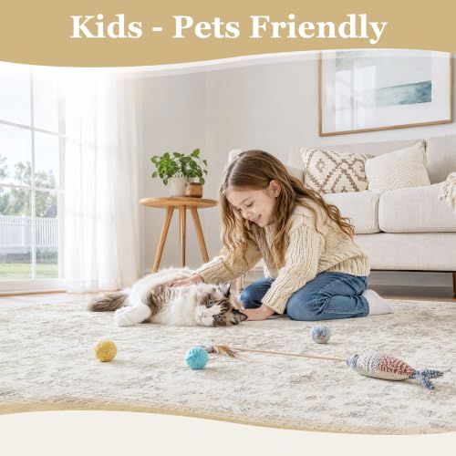 FMFUNCTEX 8x10 Beige Vintage Area Rug - Washable, Non-Slip, Pet-Friendly Living Room Carpet
