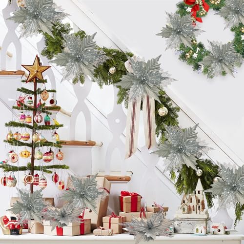Stadeco Silver 10-Inch Christmas Glitter Poinsettia Flowers Decorations, 10 Pcs