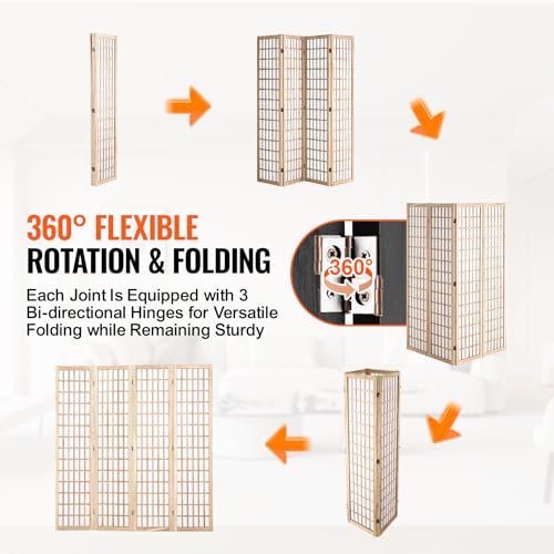 VEVOR 4 Panel Japanese Room Divider Natural Folding Privacy Screen Indoor & Office