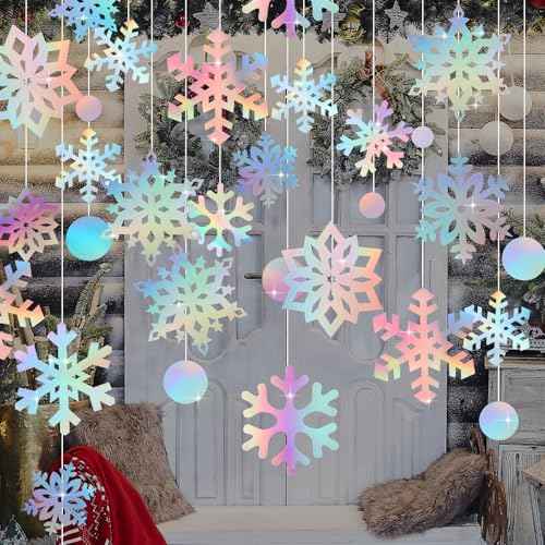 Fuutreo 60 Pcs Christmas Snowflake Snowball Cutouts Iridescent Paper Snowflakes Decorations Holographic Winter Decorations Double-Sided Snow Flakes Garland with 100 Glue Points