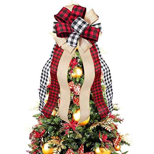 Christmas Tree Topper Buffalo Plaid Decorative Bow,Handmade Farmhouse Large Door Bows Banister Bow Christmas Bows for Holiday Home Decor