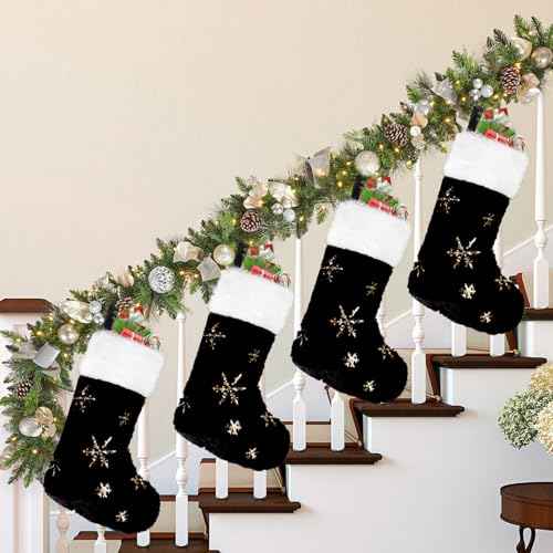 CCINEE 4PCS Black Christmas Stockings,18 Inch Large Plush Faux Fur Xmas Stocking with Golden Snowflake Sequin Glitter Snowflake Hanging Stocking for Christmas Tree Wall Fireplace Home Decoration