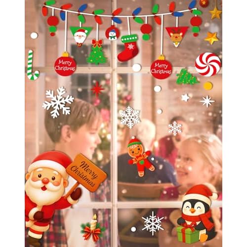Christmas Window Clings - 9 Sheets 162 Pcs Cute Xmas Decorations for Winter Holiday Home Party Santa Reindeer Snowman Gingerbread Snowflake Stickers for Glass Double-Sided Static Window Decals