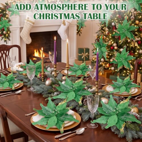 Giegxin Green 12-Inch Christmas Glitter Poinsettia Artificial Flowers - 8 Pack