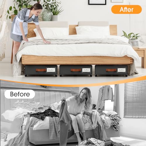 Dark Grey Under Bed Storage Containers 3-Pack with Wheels & Clear Windows