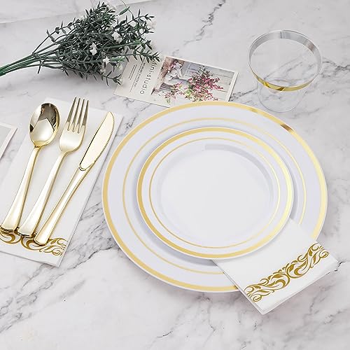 BESTVIP 175 PCS Gold Rim Disposable Plates Dinnerware Set for 25 Guests (Gold / 25 Guests)