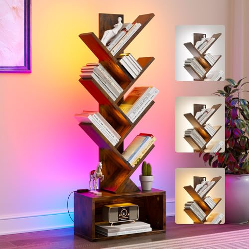 Evermagin Rustic Brown 6-Tier Tree Bookshelf with RGBIC LED Lights, Space-Saving Bookcase