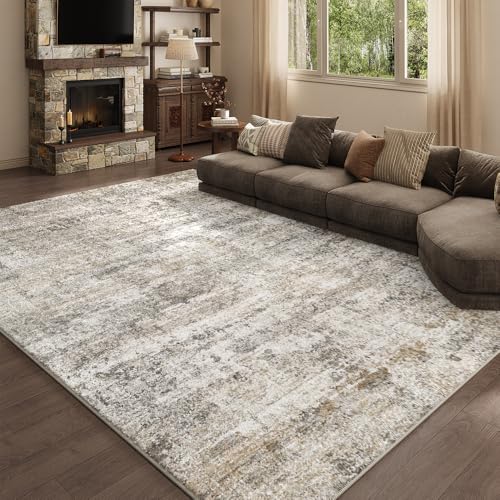 Grey Beige Washable Area Rug 9x12 for Living Room - Vintage Print, Non-Slip