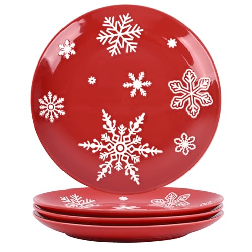 Ollieroo 4-Piece 7.8in Red Snowflake Christmas Salad Plates Set – Microwave & Dishwasher Safe