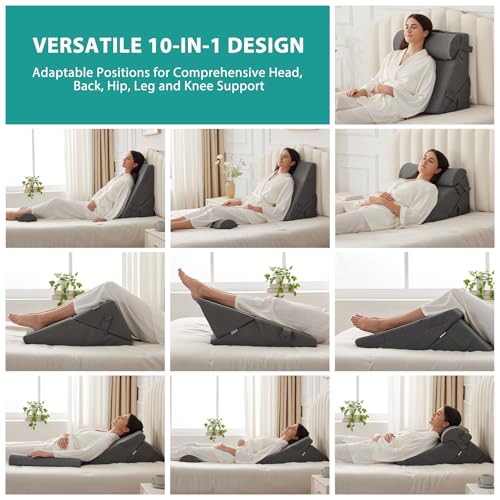 Bedluxe Adjustable Wedge Pillow Set for Post-Surgery & Support - Dark Grey, 10-in-1, Includes Head Pillow
