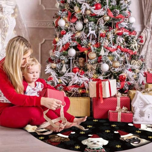 Dog Christmas Tree Skirt 48 Inches Black and Gold Xmas Under Base