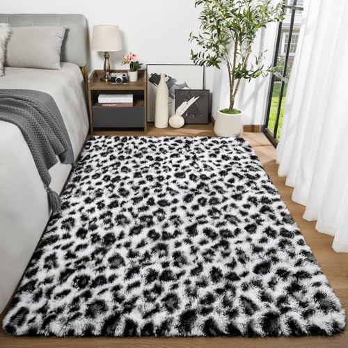 Amearea Fluffy Leopard Rug 6x9 ft White - Premium Cheetah Print, Non-Slip