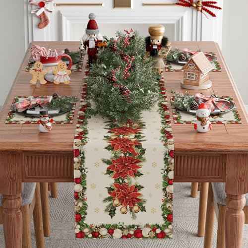 XCHI Christmas Poinsettias Leaves Bells Snowflakes Winter Xmas Table Runner Table Decoration for Home Kitchen Dining Holiday Decor 13x72 Inch