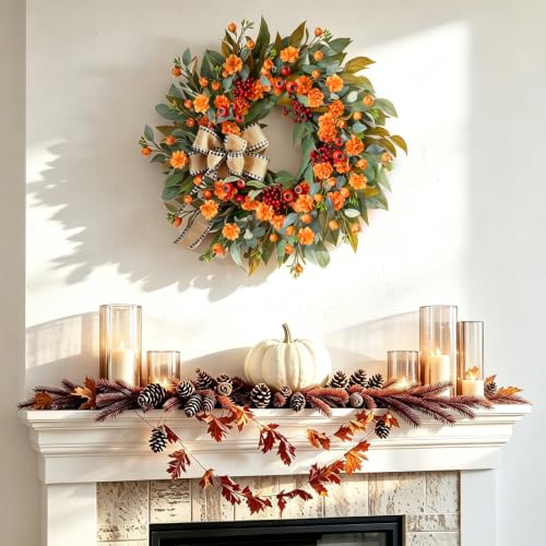 Autumn Leaf Wreaths - 24 Inch Fall Door Wreath with Berries & Bow - Harvest Decor