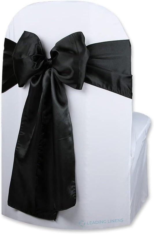 Satin Bow Sash Chair Covers - Elegant Decorations for Weddings & Events | Set of 10, Black