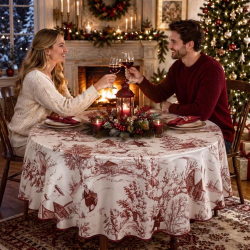 Tegeme 60'' Christmas Toile De Jouy Round Tablecloth Burgundy with Scalloped Edge - 60x60 Inch
