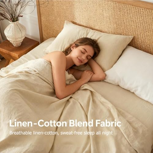 King Size Cotton Linen Bed Sheet Set with Deep Pockets - Natural Linen, 4 Piece