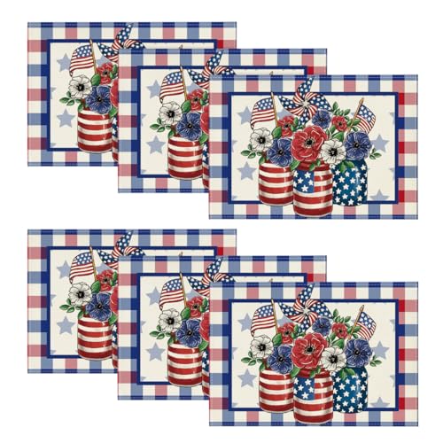 Artoid Mode Buffalo Plaid Vases Flowers 4th of July Placemats Set 6,