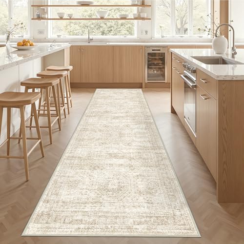 Beige Non-Slip Washable Runner Rug 3x12ft Hallway Carpet - Vintage Style