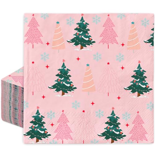 Christmas Paper Napkins Pink Green Xmas Tree Disposable Party Hand Towels 100 Pack